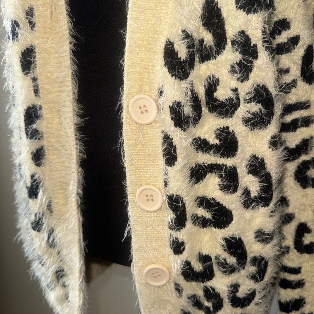 POL Cream and Black Leopard Fuzzy Button Cardigan - Picture 3 of 5